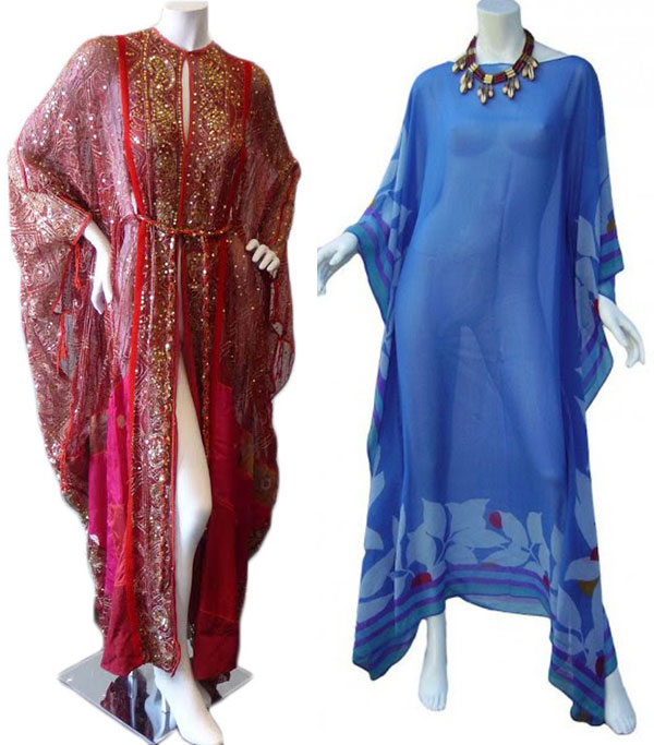 disco_caftans Left, a late-1960s red, embroidered caftan by Elizabeth Taylor's favorite designer, Thea Porter. (Via Decades Inc.) Right, a 1970s Valentino caftan. (Via Etsy)