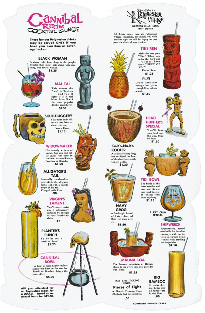 This cocktail menu from Ren Clark's Polynesian Village, circa 1962, shows the variety of decorative mugs used at Tiki bars.