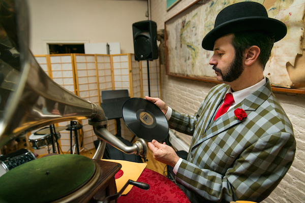 78_collector_michaelcumella_kellywilliamsphoto Michael Cumella hosts WFMU's Antique Phonograph Music Program and DJs from 78s at parties and weddings using a wind-up phonograph. (Photo by Kelly WIlliams)
