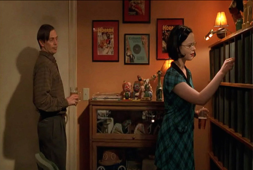 78_movie_ghostworld2 In the 2001 movie "Ghost World," Enid (Thora Birch) peruses the 78 collection belonging to Seymour (Steve Buscemi). The collection of records, posters, and artifacts actually belong to the film's director, Terry Zwigoff.