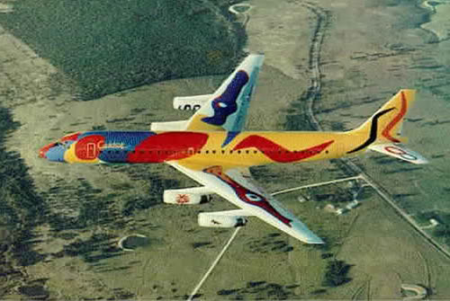 airlines_calder_plane In 1973, Braniff asked artist Alexander Calder to paint one of its Douglas DC-8s, which became known as "Flying Colors." (Via SuperRadNow.wordpress.com)