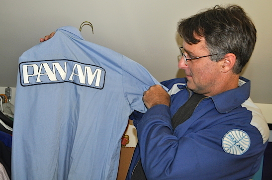 airlinetodd_panam_workshirtEDIT2 Lappin shows a Pan Am work shirt while wearing a mod-style Pan Am jacket from the late '60s that he describes as "something out of a '60s sci-fi movie." (Photo by Lisa Hix)