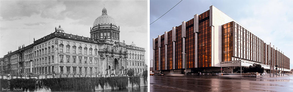 Left, Berlin's old City Palace, and right, the Palace of the Republic, constructed by the GDR. Today, the Baroque palace on the left is being rebuilt amid much controversy.