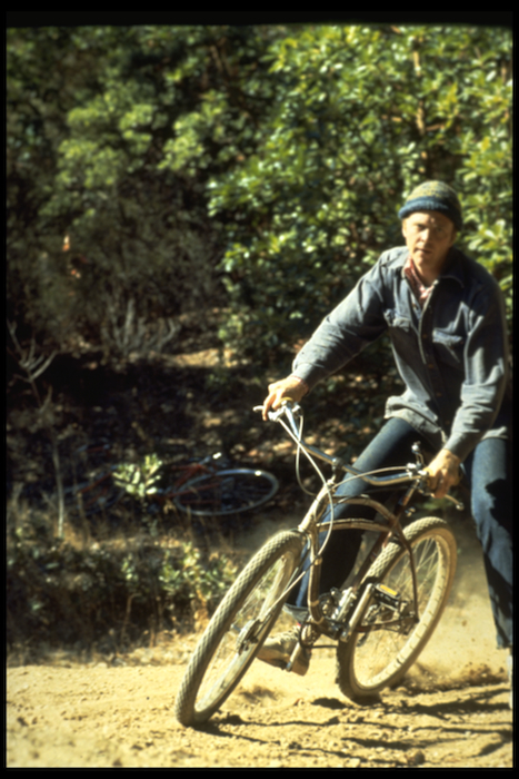 Fisher Gary Fisher giving a 1941 Schwinn a workout at Camera Corner, 1976 or '77.