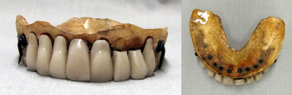 An upper set of dentures made from human teeth set into a carved ivory base, circa 1850-1870. Via Canada's <a href="http://museumofhealthcare.wordpress.com/2012/02/03/collections-corner-waterloo-teeth/">Museum of Healthcare</a>.