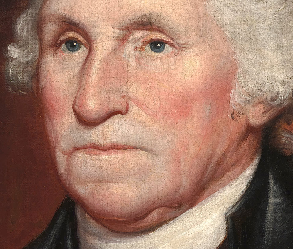A detail of Rembrandt Peale's first portrait of George Washington reveals a discolored scar along his left cheek likely caused by dental issues.