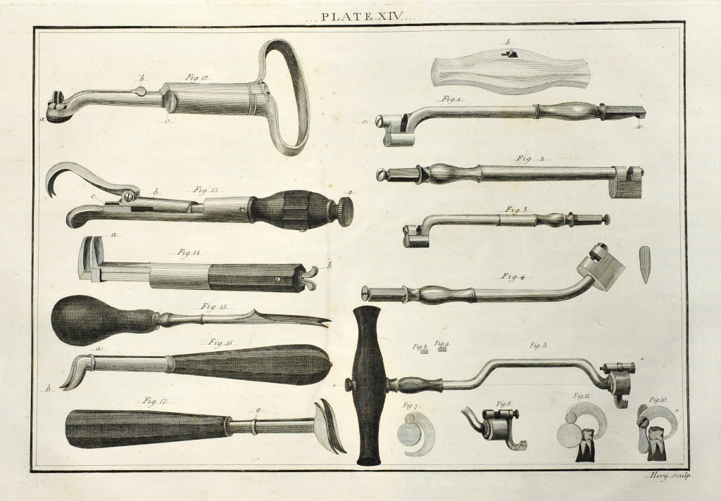 An illustration of dental keys for tooth extraction from Savigny's catalog of surgery implements, circa 1798.