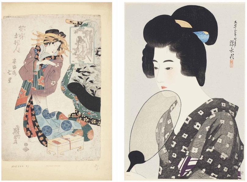 huguette_art_japaneseprints Japanese prints from Huguette's collection included, at left, a standing beauty by Yeisen Keisai and, at right, a beauty with a fan by Ito Shinsui dated July 1924. (Via Christies.com)