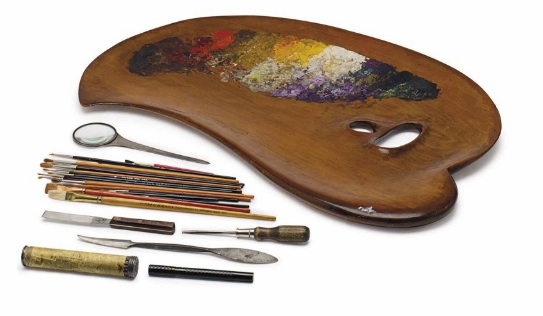 huguette_art_pallete Huguette's art palette, brushes, and other painting tools. (Via Christies.com)