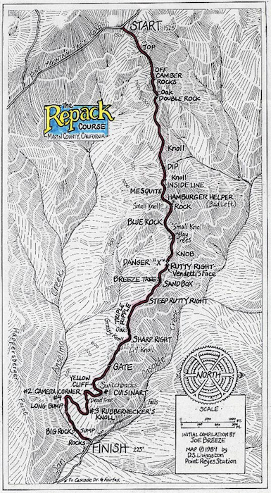 map_of_repack This 1984 map of Repack was created based on information provided by Joe Breeze, with artwork by D.L. Livingston.