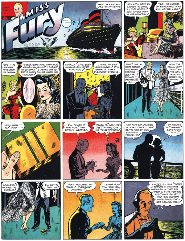 trina_40s_comics_missfury3 In Tarpe Mills' 1940s comic strip "Miss Fury," socialite Marla Drake has all sorts of noir-style adventures and sometimes even fights crime as a costumed crusader in a panther suit. (Via PrintMag.com)