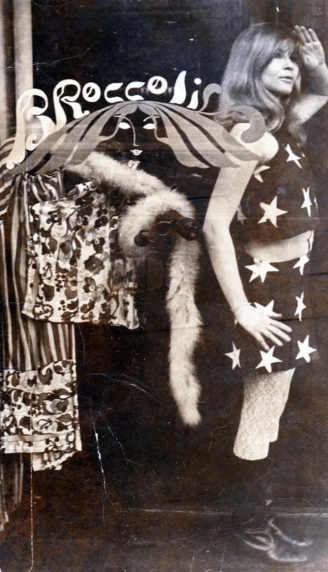 trina_60s_clothing_broccoli Trina Robbins poses in the window of her Lower East Side boutique, Broccoli, wearing a dress she made from an American flag. (Photo courtesy of Trina Robbins)