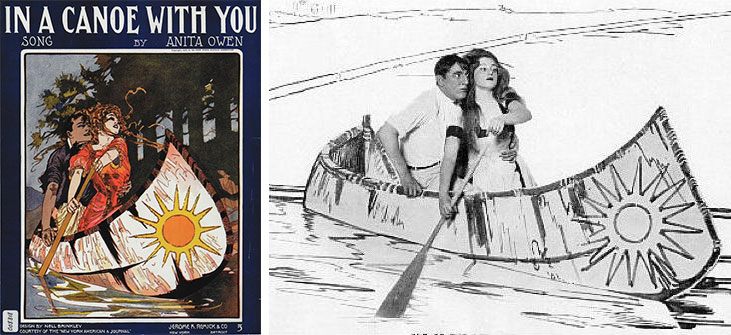 trina_00s_brinkley_tableau Nell Brinkley drew the art for the sheet music to "In a Canoe With You." (Via University of Oregon Digital Library) The Ziegfeld Follies of 1908 reproduced the image in living tableau. (CarlaCushman.blogspot.com)