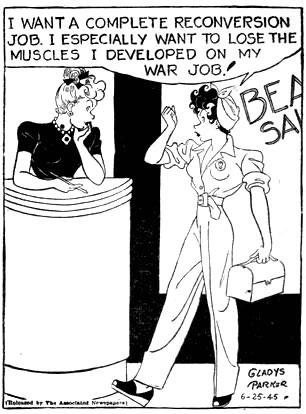 trina_40s_comics_mopsylosesherwarjob After World War II, Gladys Parker showed her former flapper Mopsy happily giving up her war job. (Via "Pretty in Ink")