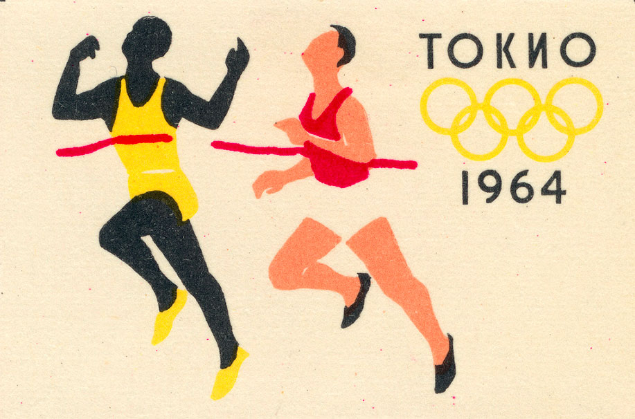 Top and above: Russian matchbox labels use graphic forms to illuminate subjects ranging from space travel to the 1964 Tokyo Olympics.