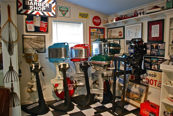 Mantique-edit Hunting Collection Dan Graf-1 Dan Graf's Newburyport, Massachusetts, garage, which he calls "The Museum," contains his collection of full-size outboard motors. (Via "Mantiques"; courtesy of Lindsey Bateman, "Hunting & Fishing Collectibles" magazine.)