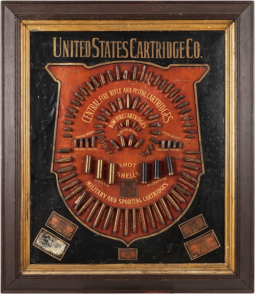Mantique-edit_Antique Ammunition Cartridge Display Board by United States Cartridge Company Country stores of 19th century America served a largely illiterate customer base, so they promoted their ammunition wares with displays like this one, which features 99 examples of cartridges, shot-shells, and bullets. (Via “Mantiques”)