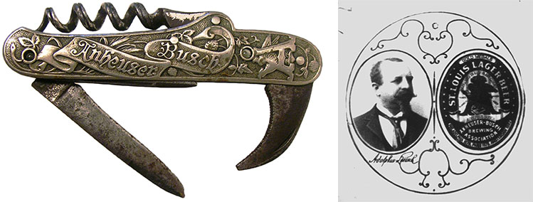 One of Melnick's Anheuser-Busch bartender knives and an advertising image from one of the company's Stanhopes, circa 1880. Photos courtesy Howard Melnick.