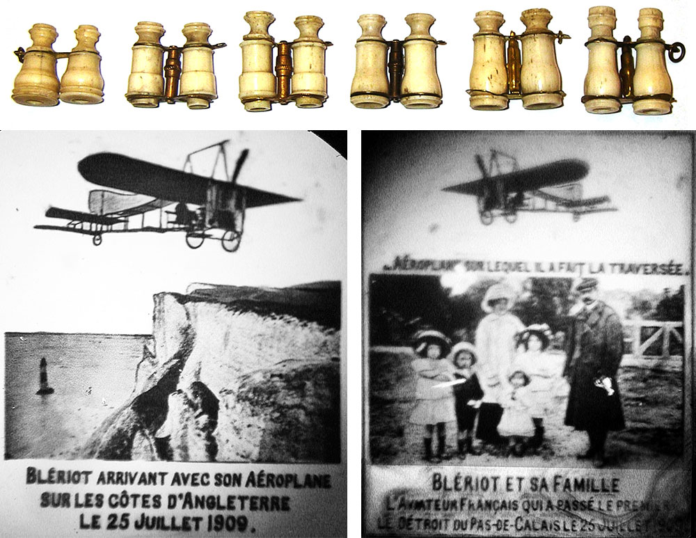 A row of tiny, bone Stanhope binoculars, which men often wore on their watch chains, and two images from a binocular Stanhope showing the famous aviator Louis Blériot.