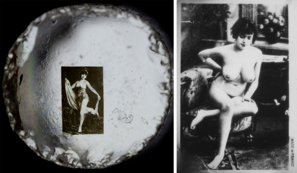 Left: One of the erotic Stanhope lenses from the Kinsey's collection, circa 1920s. Photographed by Sol Legault. Courtesy of <a href="http://www.kinseyinstitute.org/">The Kinsey Institute for Research in Sex, Gender, and Reproduction</a>. Right: Many risqué photos seem more awkward than sexy by modern standards, like this topless woman from Jean Scott's collection.