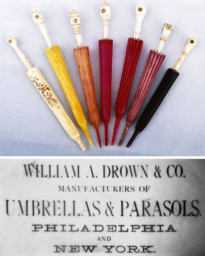 Top: A selection of colorful parasol-shaped needle cases in Jean Scott's collection. Bottom: An image from a Stanhope umbrella advertisement. Photo courtesy Howard Melnick.