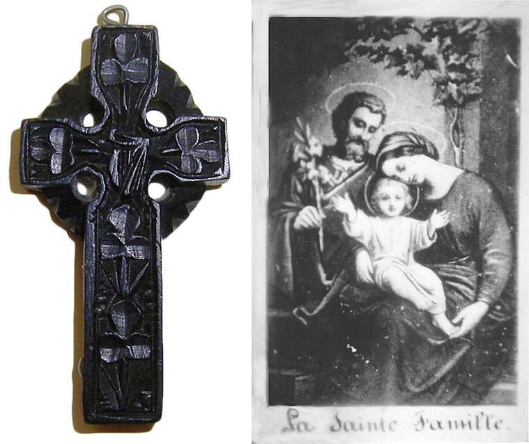 Left: This carved bog-oak crucifix from Ireland features shamrocks, an Irish harp, and a Stanhope barely visible at bottom-left, circa 1890. Right: A microphotograph of the Holy Family from a bone rosary Stanhope, circa 1870.