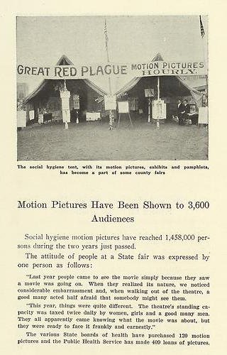 A 1920 United States Public Health Service report "Two Years Fighting VD" explains that the "social hygiene tent" showing motion pictures had become a staple of county fairs. (Courtesy of Social Welfare History Archives, University of Minnesota Libraries)