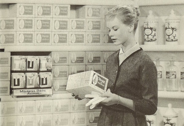 The back of the 1960 "Growing Up and Loving It!" pamphlet encourages girls to buy Teen-Age by Modess sanitary napkins and "Princess" Vee-Form belts. (Courtesy of the Prelinger Archives)