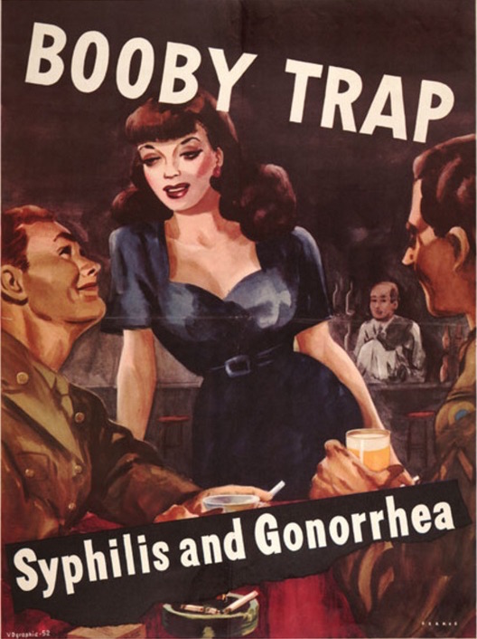 Another WWII-era poster, featuring cheesecake art, warns against the "booby trap." (Courtesy of Social Welfare History Archives, University of Minnesota Libraries)
