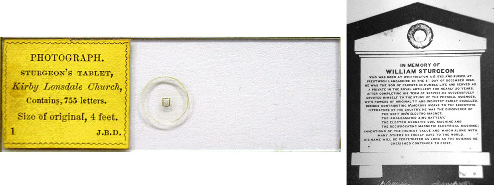 Top: A collection of sewing implements with hidden Stanhope lenses. Above: A glass slide by John Benjamin Dancer holds a microphotograph of William Sturgeon’s grave marker (click to enlarge). All photos courtesy Ken and Jean Scott unless otherwise indicated.