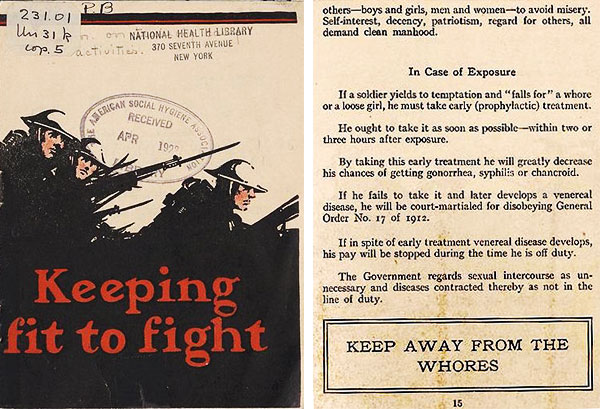 This American Social Hygiene pamphlet for soldiers from 1918 warns in all caps, “KEEP AWAY FROM THE WHORES.” (Courtesy of Social Welfare History Archives, University of Minnesota Libraries)