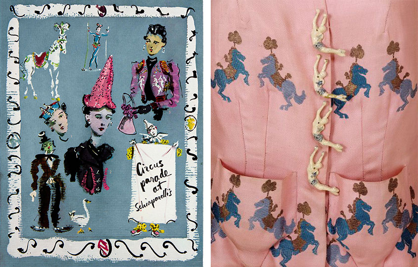 Left, a painted advertisement for Schiaparelli's 1938 Circus collection. Right, a detail of acrobatic buttons on a pink silk jacket. © Victoria and Albert Museum, London.