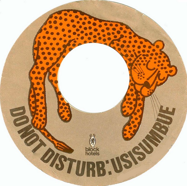 Top: A bellhop shushes passers-by on a vintage Do Not Disturb door hanger from the William Sloane House YMCA in New York City. Above: A leopard sleeps on a door hanger from the Samburu Game Lodge in the Isiolo District of Kenya. (Courtesy of Edoardo Flores)
