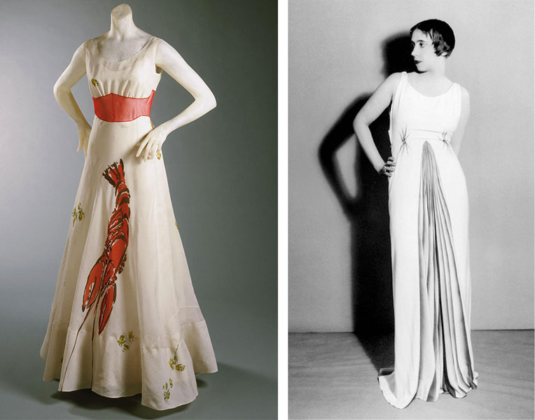 Left, the infamous <a href="http://www.philamuseum.org/collections/permanent/65327.html">Lobster Dress</a> from 1937 worn by Wallis Simpson in "Vogue" magazine. Courtesy the Philadelphia Museum of Art. Right, Schiaparelli wears an evening gown she designed with a trompe l'oeil pleat painted by artist Jean Dunand in 1931.