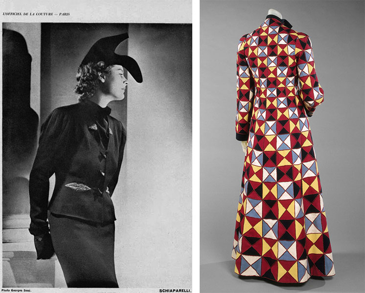 Left, a spread from French fashion magazine 'Oficiel in 1937 featuring Schiaparelli and Dali's Show Hat and a jacket with embroidered lips. Right, a harlequin-patterned coat from 1939.