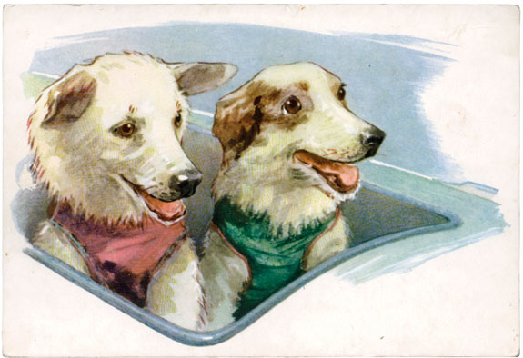 A 1972 Soviet postcard depicting Belka and Strelka in the "cockpit" of their rocket, by the artist L. Aristov, from the collection titled "Friends of Man." (© FUEL Publishing)