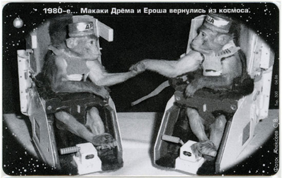 A 1991 phone card showing two of the Soviet space monkeys who followed the dogs into space. The text reads, "1980s... The monkeys Dryoma and Erosha return from space." (© FUEL Publishing / Marianne Van den Lemmer)