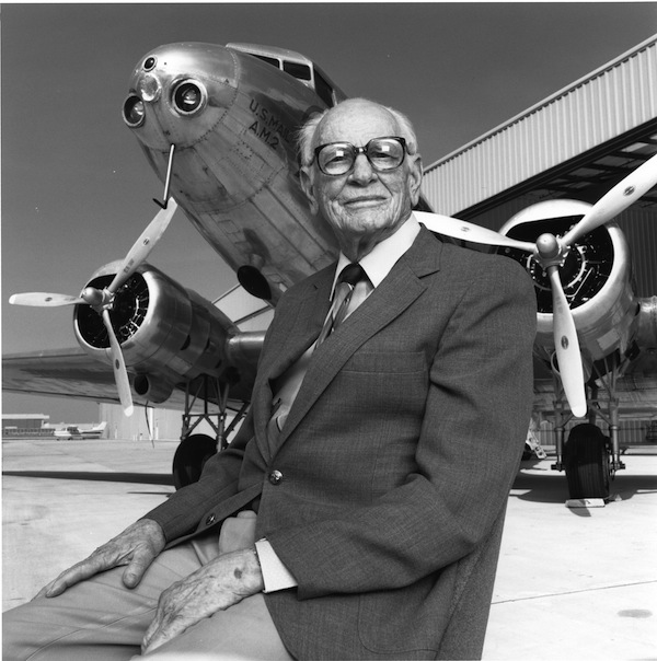 Arthur Raymond designed the DC-3 for Douglas Aircraft Company in the 1930s, making commercial airflight viable. Photographed in Long Beach with a DC-2, which he also designed, 1989.