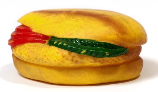 The Luxembourg donor of this hamburger chew toy says, "His dog left more traces behind than he did." (Courtesy of the Museum of Broken Relationships)