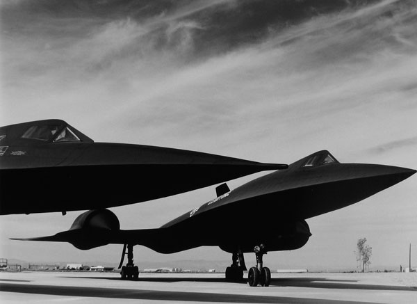 A pair of SR-71 reconnaissance jets parked at the Lockheed facility in Palmdale, California, 1998.