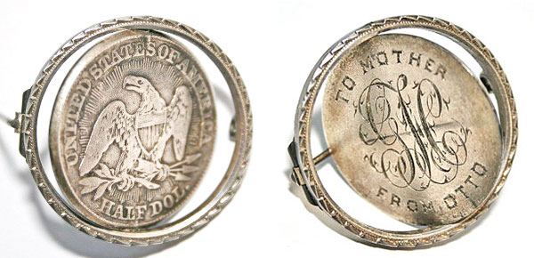 This love token "spinner pin," made from a half dollar, could be worn with either side facing outward. (Courtesy of the Love Token Society)