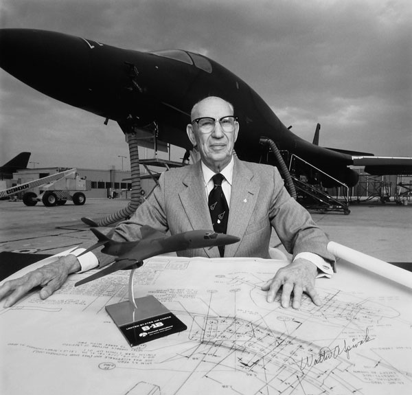 Walter Spivak, the first designer Seidemann photographed, is shown here in 1988 at the Rockwell facility in Palmdale, California, with his B-1B bomber.