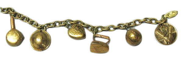A WWII sweetheart charm bracelet with a "V for Victory" love-token made from a penny. (Courtesy of the Love Token Society)