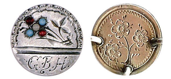 Left, a flower love token was set with turquoise, garnet, and pearl. Right, a three-cent silver coin was engraved with forget-me-nots and linked in a bracelet. (Courtesy of the Love Token Society)