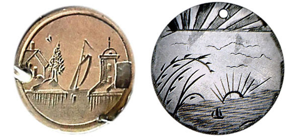 Left, a landscape shows a lighthouse, house, and a boat on a three-cent silver coin, which is part of a love-token bracelet. Right, a boat sails off into the sunset. (Courtesy of the Love Token Society)