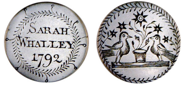 Top: A dime love token from a man's pocket-watch chain features the name "Nellie" and an arrow piercing two hearts. Above: This early love token for Sarah Whalley was probably a memorial of her death. (Courtesy of the Love Token Society)