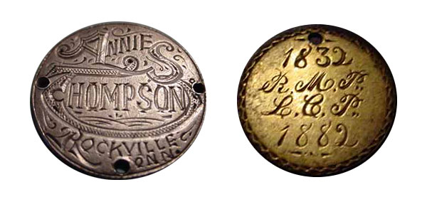 It's rare that love tokens will have a first and last name, as well as a location like this "Annie S. Thompson" token, at left, engraved on an 1877 Liberty seated quarter. At right, a type III gold dollar was engraved into a golden anniversary gift. (Courtesy of the Love Token Society)