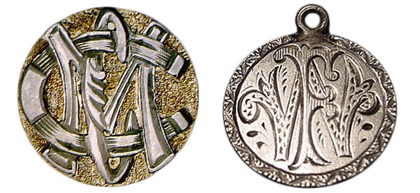 These tokens feature overlapping initials: A “CMC” with horseshoe for a “C,” at left, and an "FW," at right. (Courtesy of the Love Token Society)
