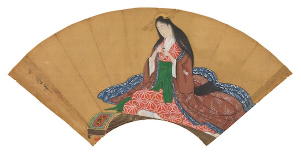A fan painting of ink, colors, and gold on silk, showing the courtesan Hanaogi of the Ōgiya brothel, 1794–1795, by Kitagawa Utamaro. (From the John C. Weber Collection. Image © John Bigelow Taylor.)