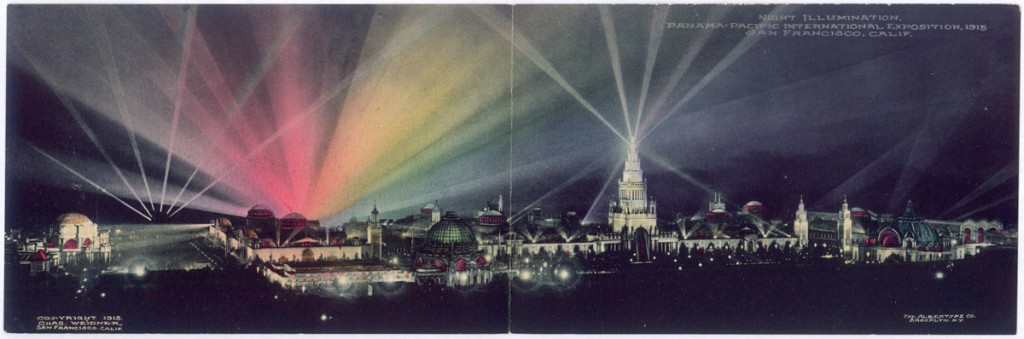 This panoramic postcard of the PPIE shows the fair's nighttime illumination. Courtesy Laura Ackley. (Click to enlarge)